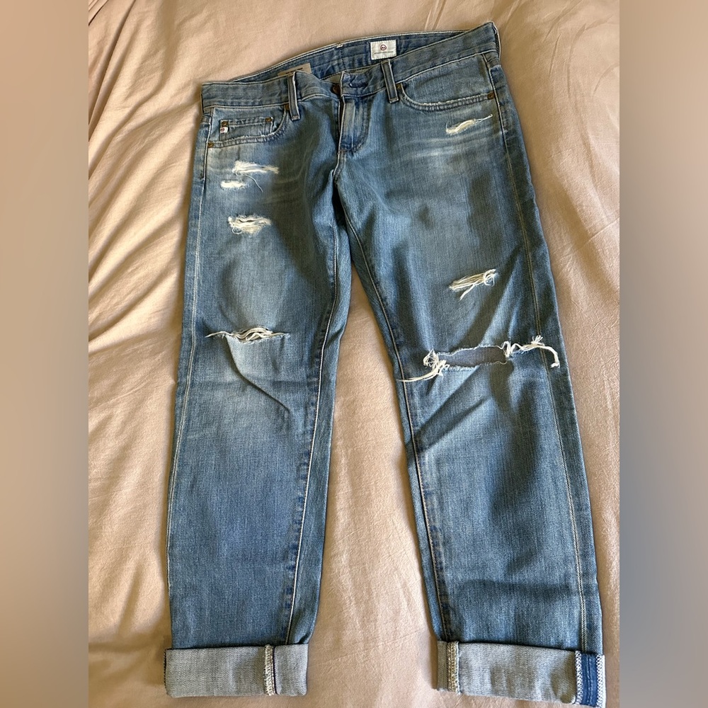 Ag Adriano Goldschmied women's Distressed Blue Slim Straight Jeans